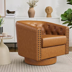 Swivel Barrel Accent Chair,Round Nailhead Faux Leather Living Room Arm Chairs,Modern Upholstered Comfty Reading Nook Chairs for Bedroom,Small Club Armchair,Single Sofa Side Chair,Caramel Brown
