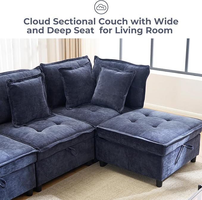 103" Modular Sectional Sofa, L-Shaped Corduroy Comfy Sectional Couches for Living Room, 3-Seater Cloud Couches with 1 Ottoman, Modern Deep Seat Sofa with Large Storage, Blue