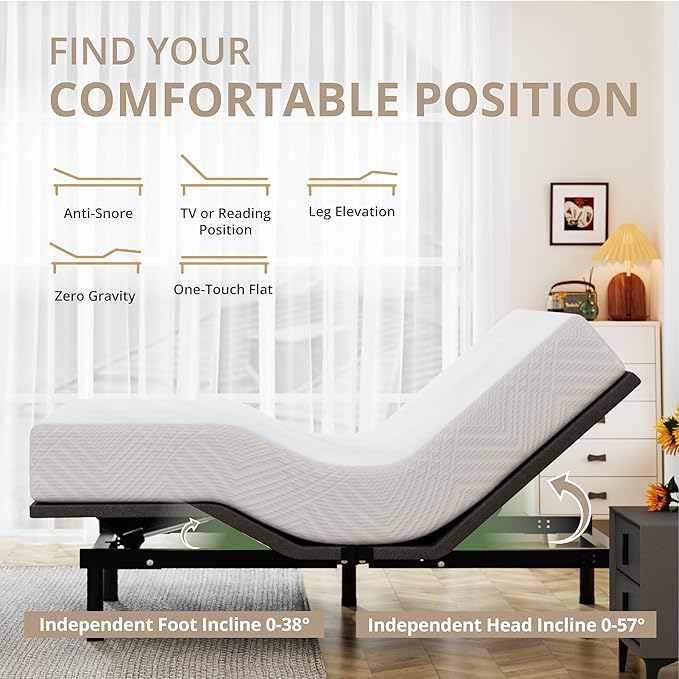 Queen Adjustable Bed Base Frame with Wireless Remote + 12 Inch Queen Green Tea Gel Memory Foam Mattress Bed in a Box, Head and Foot Incline, Zero Gravity, Fiberglass Free, 80" × 60"