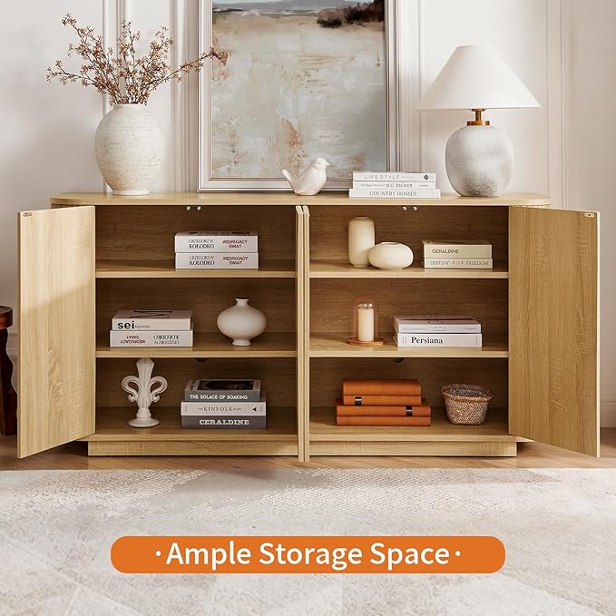 LKTART 64" Buffet Cabinet with Storage, Modern Fluted Accent Sideboard Media Console Credenza with Adjustable Shelves Pressed Spring for Kitchen Living Room,31.5" H (Natural Oak)