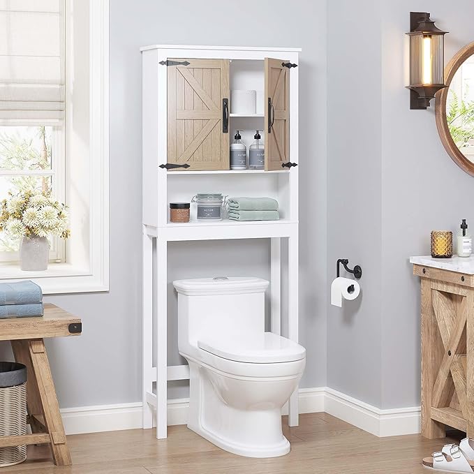 Spirich Over The Toilet Storage Cabinet, Farmhouse Over Toilet Bathroom Organizer with Wood Grain Barn Doors and Adjustable Shelves