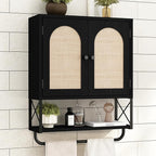 RUSTOWN Rattan Bathroom Wall Cabinet, Boho Over The Toilet Storage Cabinet with Arched Rattan Doors, Modern Medicine Cabinet with Adjustable Shelves & Towel Bar (Black, Medium)
