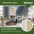 Bathroom Wall Cabinet, Bamboo Over-The-Toilet Storage Organizer with Rattan Doors and Adjustable Shelf, Space Saver Medicine Cabinet for Laundry, Kitchen, Living Room (White)
