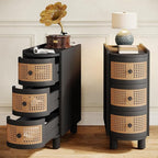 Tribesigns Solid Wood End Table Set of 2, 3-Drawer Rattan Side Table, Night Stand with 3 Rattan Drawers and Exquisite Embossed Handles for Living Room, No Assembly Required (Black & Oak)