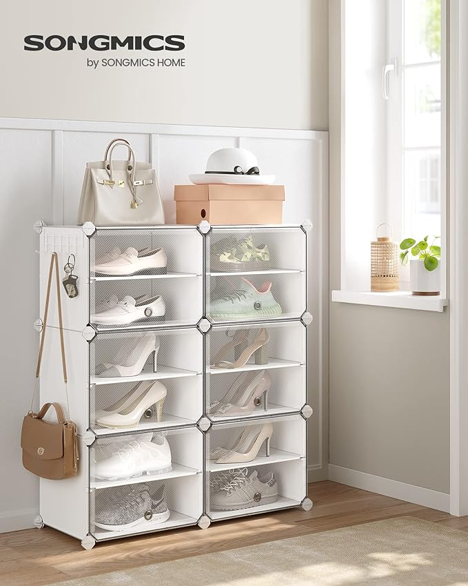 SONGMICS Shoe Rack Organizer, 6-Tier Shoe Storage Cabinet for Closet and Entryway, Holds 24 Pairs of Shoes, Adjustable, Cloud White and Trasparent ULPC033W01