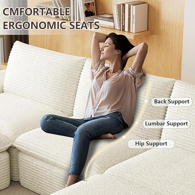 113.03" Sectional Couches for Living Room Modern Modular Sofa with U-Shape Couchs Upholstered Corduroy Boneless Couch Deep Seat Cloud Couch with Ottoman, No Assembly Required, White
