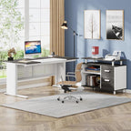 Tribesigns 63 Inch Executive Desk with File Cabinet, L Shaped Office Desk with Drawers and Storage Shelves, Business Furniture Set Workstation for Home Office, Gray and White