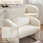 Corduroy Fabric Accent Chairs Set of 2, Modern Upholstered Living Room Chairs with Lumbar Pillow, Wide Comfy Leisure Armchair for Bedroom, Office, Reading, White