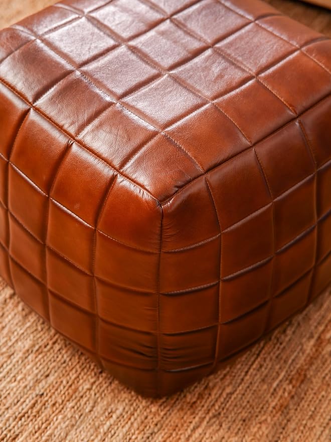 Handmade Eco-Friendly Geometric Leather Pouf Brown Color Square 18" x 18" x 18" Leather Pouf for Living Room, Bedroom Seating, Patio