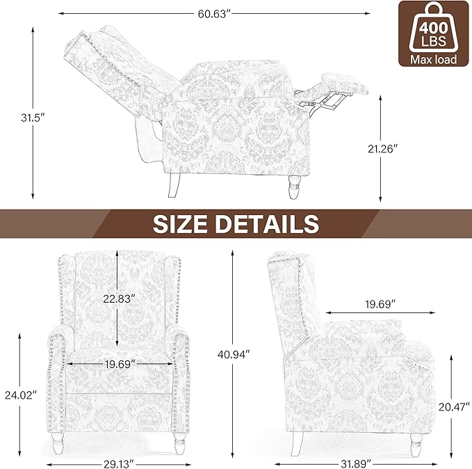 UIXE Pushback Floral Recliner Chair, Fabric Upholstered Armchair Push Back Accent Chair for Living Room, Rivet Trim Club Chair Home Theater Single Sofa Reading Seat - Beige Floral