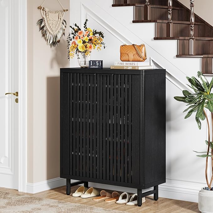 Tribesigns 6-Tier Shoe Cabinet with Shutter Doors, Large Wooden Shoe Organizer Rack with Adjustable Shelves, Modern Farmhouse Hidden Storage Furniture for Entryway, Hallway (Black)