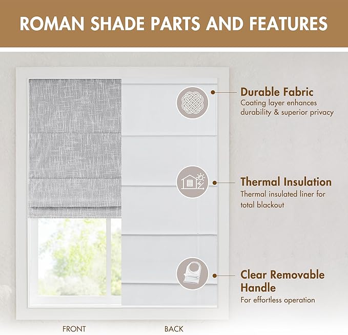 Madison Park Cordless Roman Shades, Total Blackout Window Blind Privacy Window Shades, Thermal Insulated Cordless Window Treatment for Bedroom, Living Room, Quincy, Single Panel 35"W x 64"H Light Grey