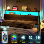 Full Sized Headboard with 2 Tiers Storage Shelves, Sturdy and Stable Headboard with Charging Station, USB Ports and LED Light for Full Bed Frame, Black Oak