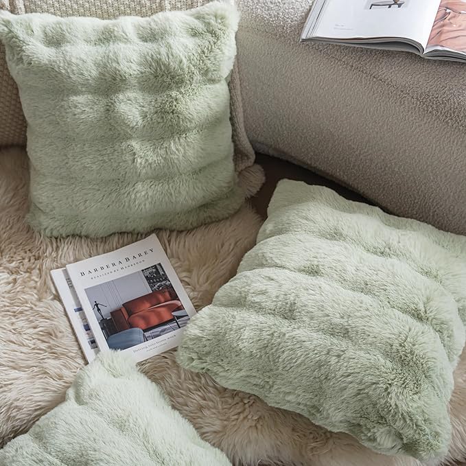 Neelvin Green Faux Fur Cozy Soft Double-Sided Decorative Throw Pillow Covers 12x20 inch Set of 2,Velvet Pillowcase Cushion Case for Sofa Couch