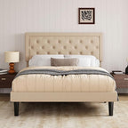 Allewie Queen Size Button Tufted/Fabric Upholstered Bed Frame with Adjustable Headboard/Wood Slat Support/Mattress Foundation/Beige