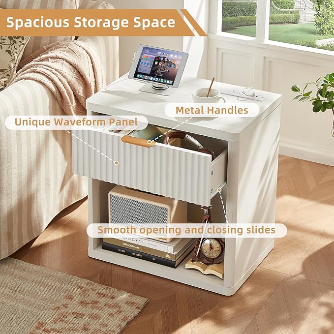 LEYAOYAO Fluted Nightstand with Charging Station, 23" Wide 1 Drawers End Table,White Night Stand with Open Storage Cabinet, Farmhouse Bed Side Tables, Wood Dresser for Bedroom, Living Room, Closet