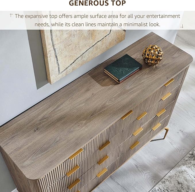 T4TREAM Fluted 9 Drawers Dresser for Bedroom, 54" Wide Modern Dresser TV Stand, Gold Accents, Curved Profile, Wood Storage Dressers Organizer for Bedroom, Living Room, Alder Grey