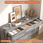 Grey Dresser for Bedroom with 9 Drawers, 63" Large Modern Dressers & Chest of Drawers with Curved Profile Design, Wood Closet Clothes Storage Long Dressers Organizer for Bedroom Living Room Hallway