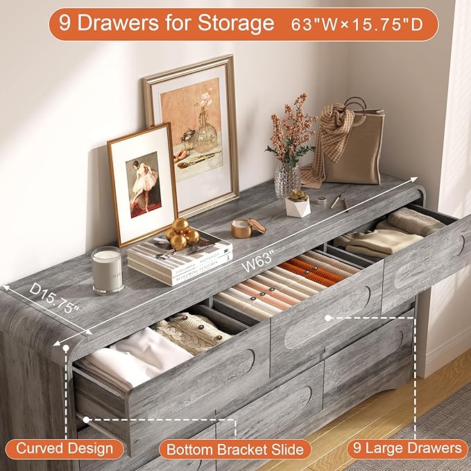 Grey Dresser for Bedroom with 9 Drawers, 63" Large Modern Dressers & Chest of Drawers with Curved Profile Design, Wood Closet Clothes Storage Long Dressers Organizer for Bedroom Living Room Hallway