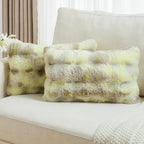 FUTEI Green White Decorative Throw Pillow Covers 12x20 Inch Set of 2,Soft Fuzzy Faux Rabbit Fur Pillow Case with Raised Texture,Neutral Boho Home Decor for Couch Bed Living Room