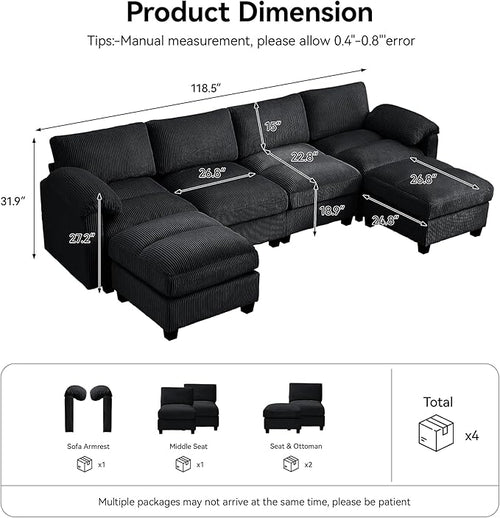 118'' U-Shaped Sectional Couch with 2 Ottoman, Oversized Modular Couches for Living Room, Corduroy Deep Seat Cloud Sofa with Center Stitched, Black
