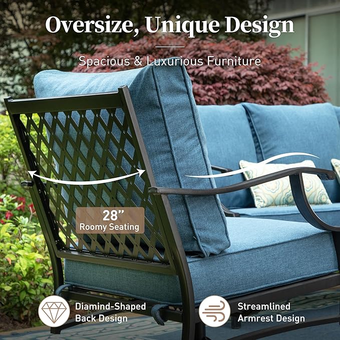 4 Piece Metal Outdoor Patio Furniture Set, Patio Conversation Sets 1 3-seater Sofa, 2 Swivel Chair with 5.75" Extra Thick Cushion and Coffee Table, Black Frame Backyard Furniture, Navy