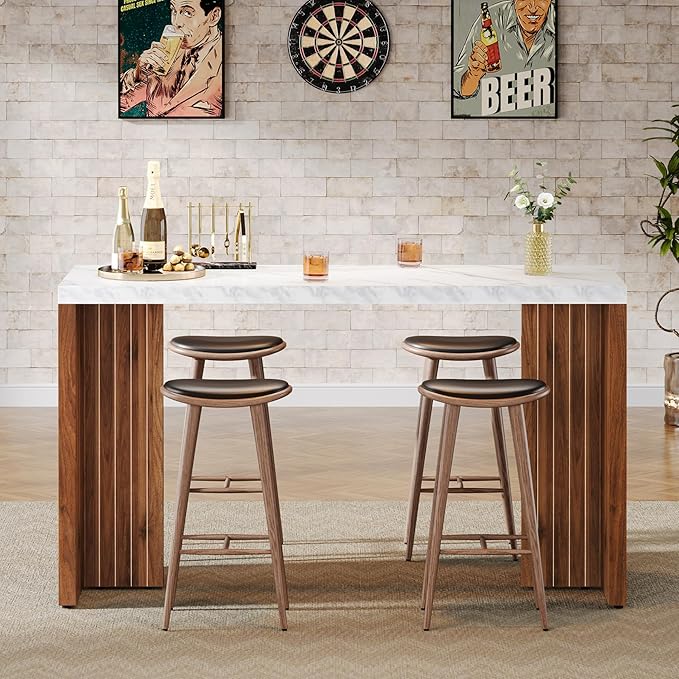 Tribesigns Home Bar Unit, 55.12-Inch Bar Table with a Faux Marble Finished Tabletop, Modern Freestanding Mini Bar for Home Kitchen, Living Room, Balcony, Basement, Walnut & White (Set of 2)