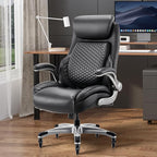 COLAMY Office Ergonomic Desk High Back Executive Chair with Pop-Out Lumbar Support, Upgraded Casters, Adjustable Headrest, Flip-Up Arms, Leather Home with Thick Cushion for Comfort - Black