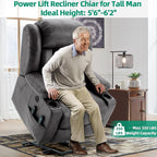 VIVIJASON Tall Man Dual Motor Power Lift Recliner Chair with Extended Footrest, Oversized Lay Flat Sleeper Electric Recliner W/Heat & Massage, Lumbar Pillow, USB & Type-C Ports, Infinite Position