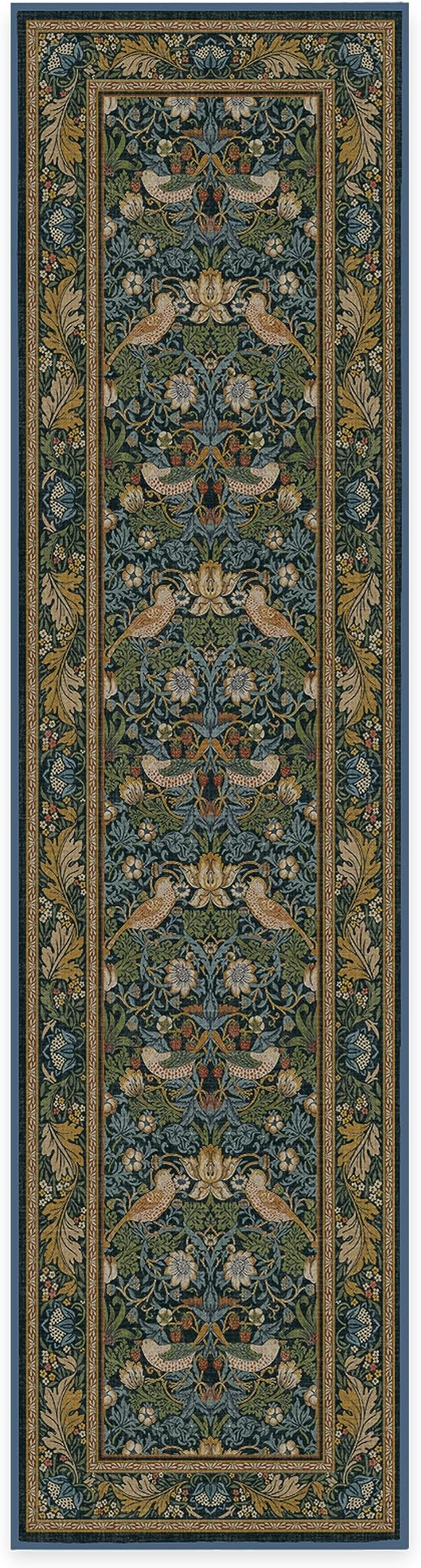 RUGGABLE x Morris & Co Machine Washable Runner Rug – Strawberry Thief Indigo 2.5x10, Stain-Resistant, Non-Slip – Washable Rug for Hallway, Entryway, Living Room & Kitchen–with Cushioned Pad