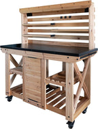 Backyard Discovery 48" Cedar Wood Buffet Hutch Serving Station with Galvanized Steel Countertop, Wine Rack, Wine Glass Rack, Trash Bin, Modular Shelves, Towel Bar, Drink and Food Prep, Indoor/Outdoor
