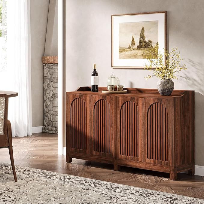 Tribesigns 57" Buffet Cabinet with Storage, Walnut Farmhouse Sideboard Cabinet with Doors & Shelves, Freestanding Wooden Accent Sideboard for Dining Room, Kitchen, Living Room