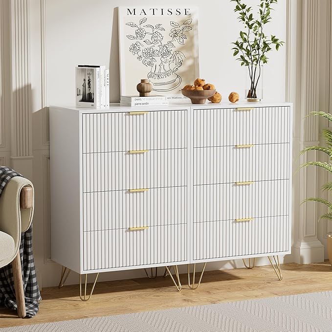White Dresser for Bedroom, Modern Wide Dresser with Gold Pulls and 4 Drawers for Bedroom, Closets, 15.7" D x 23.6" W x 37.4" H