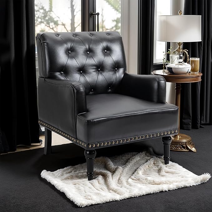 MOJAY Faux Leather Accent Chair, Mid-Century Armchair Living Room Sofa Chair with Rubber Wood Leg, Club Chair with Rivet Trim for Bedroom Reading Room Reception (Black)