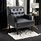 MOJAY Faux Leather Accent Chair, Mid-Century Armchair Living Room Sofa Chair with Rubber Wood Leg, Club Chair with Rivet Trim for Bedroom Reading Room Reception (Black)