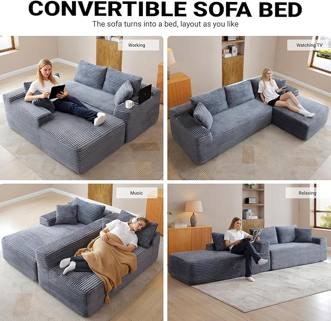95 Inch Cloud Sectional Couch,Modular Sectional Sofa with Deep Seat,Modern Corduroy Boneless Couches with L-Shape Chaise for Living Room Bedroom,No Assembly Required (Grey, Right Facing Chaise)