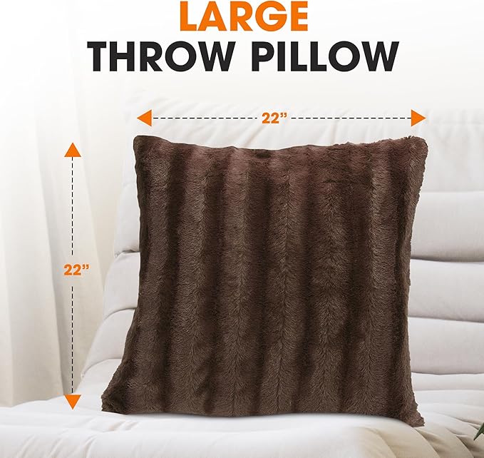 Cheer Collection Faux Fur Throw Pillows - Decorative Pillows for Couch, Bed Throw Pillows, Chocolate Accent Pillows for Bedroom or Living Room Aesthetic, Set of 2 Furry Throw Pillows, 22" x 22"