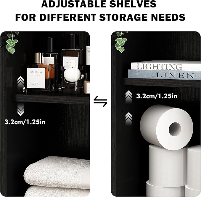 RUSTOWN Boho Rattan Wall Cabinet, Midcentury Bathroom Cabinet with Sliding Door, Adjustable Shelves, Over The Toilet Storage Cabinet (Black)
