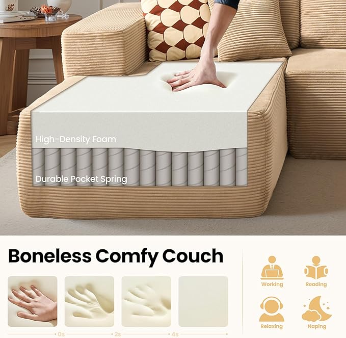 104" Cloud Sectional Couch with Chaise, Boneless L-Shaped Cloud Couch with Deep Seat, Corduroy Modern Minimalist Sofa, Assembly Free Comfy Sofa for Office Living Room Apartment(Camel, Left Chaise)