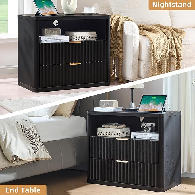 LEYAOYAO 31" Wide Fluted Nightstand with Charging Station, Oversized Extra Large 2 Drawers Night Stand,Black Wood Bedside Table,Tall Bed Side End Tables,Modern Chest of Drawers Dressers for Bedroom