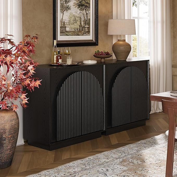 win2win Fluted Sideboard Buffet Cabinet with Storage, 31.5" Modern Accent Cabinet with Double-Layered Arch Doors, Small Wood Console Credenza for Living Room, Dining Room, Entryway, Hallway, Black