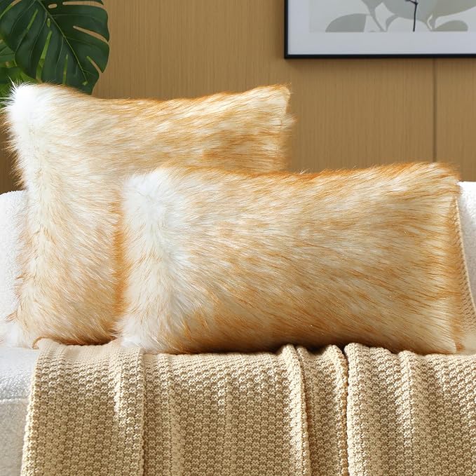FUTEI Brown White Decorative Throw Pillow Covers 22x22 Inch Set of 2,Soft Fluffy Faux Fox Fur Textured Cushion Case,Modern Home Decor for Couch Living Room