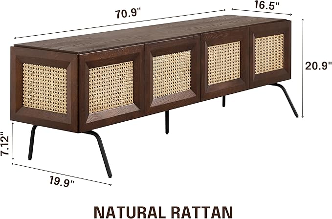 NTC Mossic TV Media Cabinet with 4 Doors for TVs, Entertainment Center with Natural Rattan, Metal Legs, Modern Storage Console for Living Room and Bedroom, Effortless Assembly, Dark Walnut