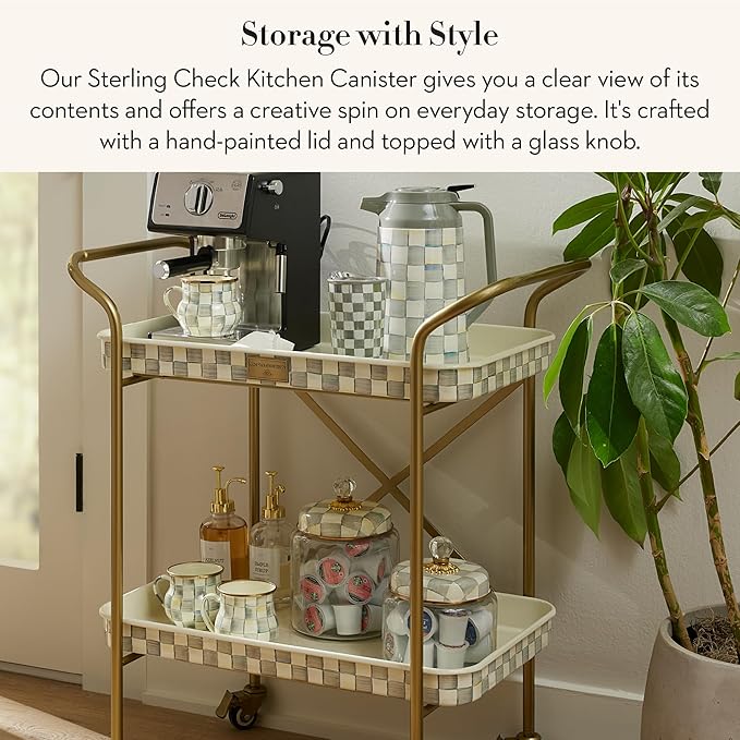 MACKENZIE-CHILDS Sterling Check Kitchen Canister, Decorative Gray-and-White Glass Storage Jar with Lid, Medium