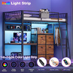 Twin Metal Loft Bed with Desk, 6 Storage Cabinet, LED Light Bunk Bed Frame Twin Size with Charging Station, No Box Spring Needed, Extra Wide Stair Treads&Safety Ladder, Hanging Rod&Guardrail