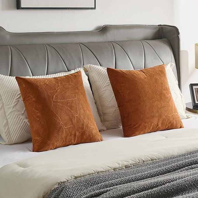 FUTEI Rust Velvet Throw Pillow Covers 22x22 Inch Set of 2,Soft Embossed Leaf-Relief Textured Cushion Cases,Natural Home Decor for Couch Living Room