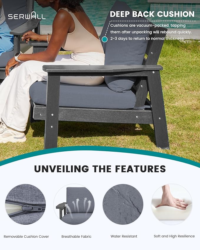 SERWALL HDPE Outdoor Furniture Set, 7 Piece All Weather Wood-Like Outdoor Sofa Sectional Couch, Grey Patio Furniture Set with Grey Cushions