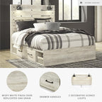 Signature Design by Ashley Cambeck Farmhouse Queen Panel Platform Bed with 4 Storage Drawers, Cubbies, Sconce Lights and USB Ports, Foundation or Box Spring Not Needed, Whitewash