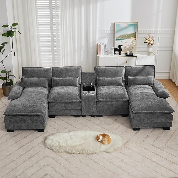 125'' U Shaped Cloud Modular Sofa with Chaise Lounges, Chenille Upholstered Comfy Sectional Couch with Storage Console, USB Charging Ports & Cup Holders, Modern Deep Seat Sofa for Living Room, Grey