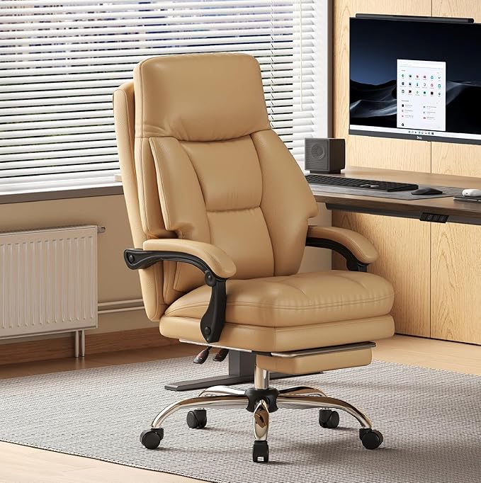 Home Office Desk Chair, 90°-160° Reclining, High Back Executive OfficeChair 400LBS with Footrest, Ergonomic Scratch-Resistant Faux Leather Computer Gaming Chair with Lumbar Support